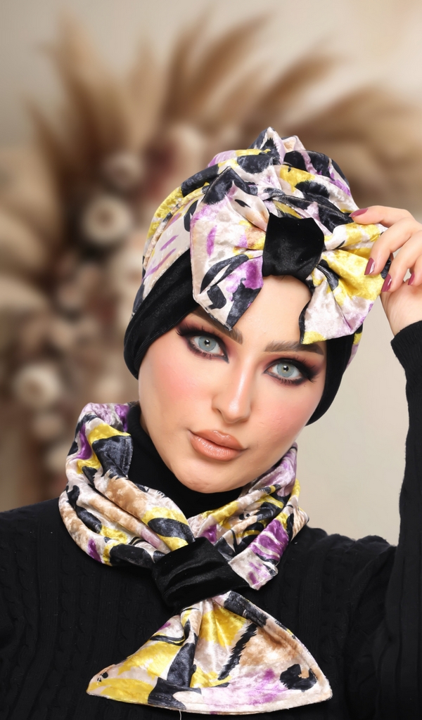 Turban  & Scarf One direction is a bow and the other is a cross velvet - Smile Turbans - 1417