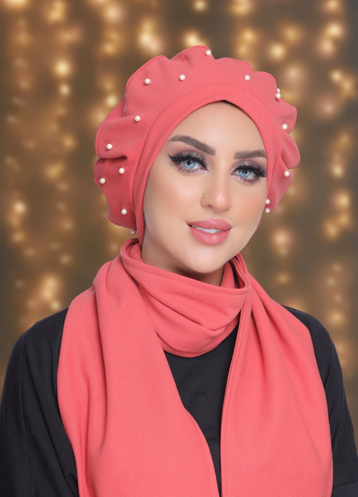 Beret & Scarf pearls crepe material - Smile Turbans - 2029