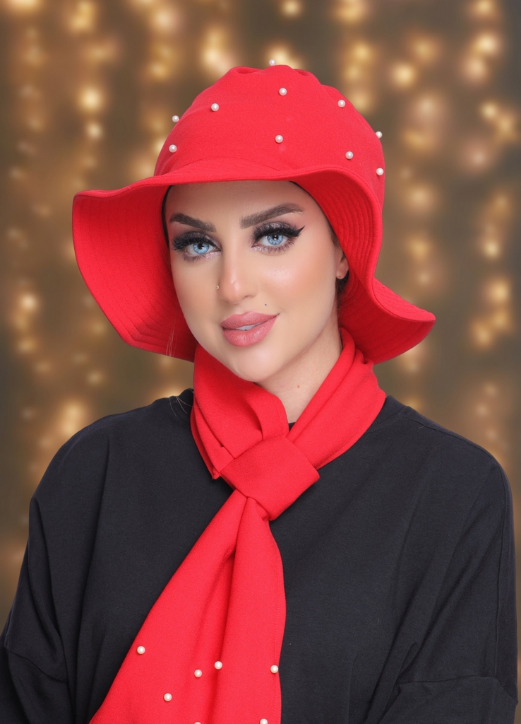 Bucket Hat & Scarf pearls crepe material - Smile Turbans - 2034