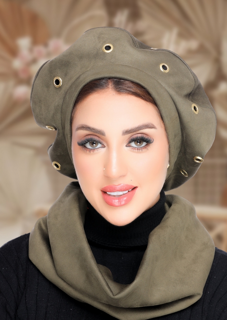 Beret & Scarf t with metallic eyelet details suede - Smile Turbans - 2124