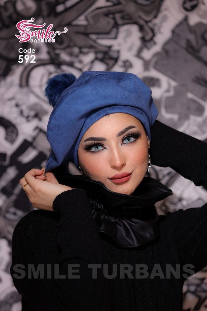 Beret  & Scarf fur ball suede - Smile Turbans - 592